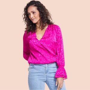 INC Fuchsia Pink Satin Wrap Blouse Jacquard Bell Sleeve NWT 2X